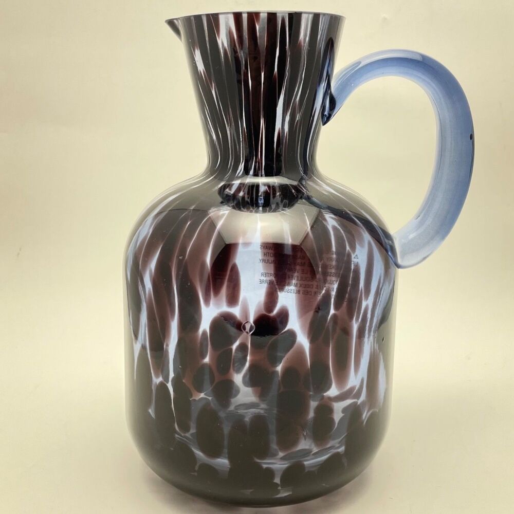 Purple White Spatter Glass Pitcher Vase Light Blue Applied Handle 7.5" Ashland